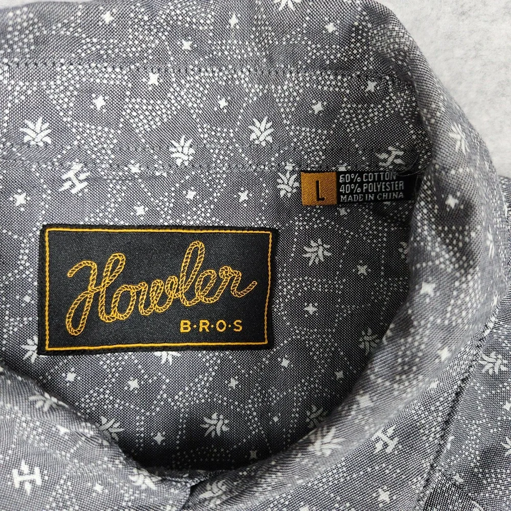Howler Bros H Bar B Mens Large Gray Short Sleeve Pearl Snap Western Gaucho Shirt